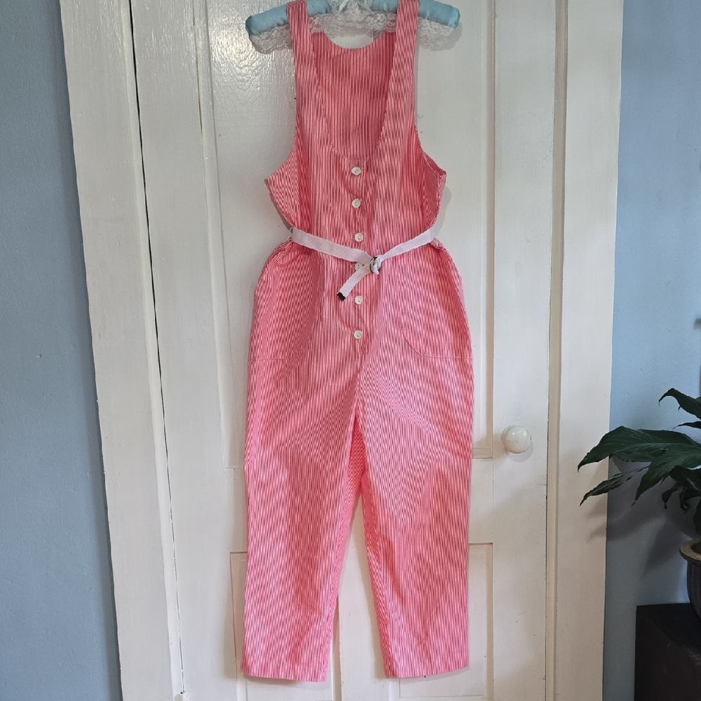 Vintage Red and White Striped Cotton Jumpsuit with Front Pockets and Belt